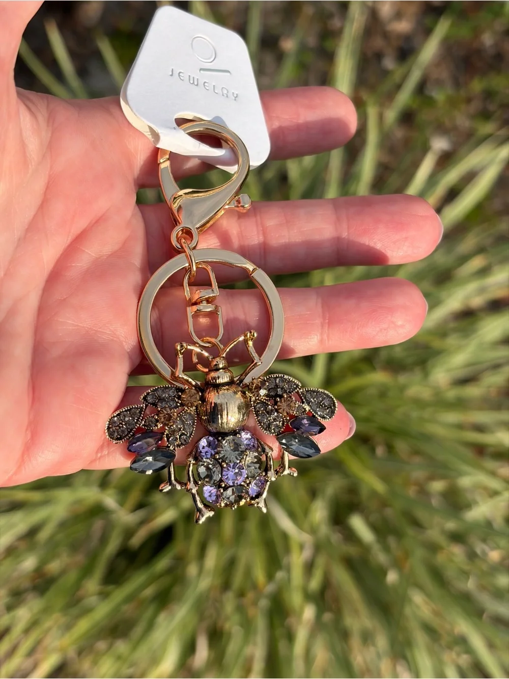 Sparkling Gold Bee Keychain with Purple and Gray Crystals